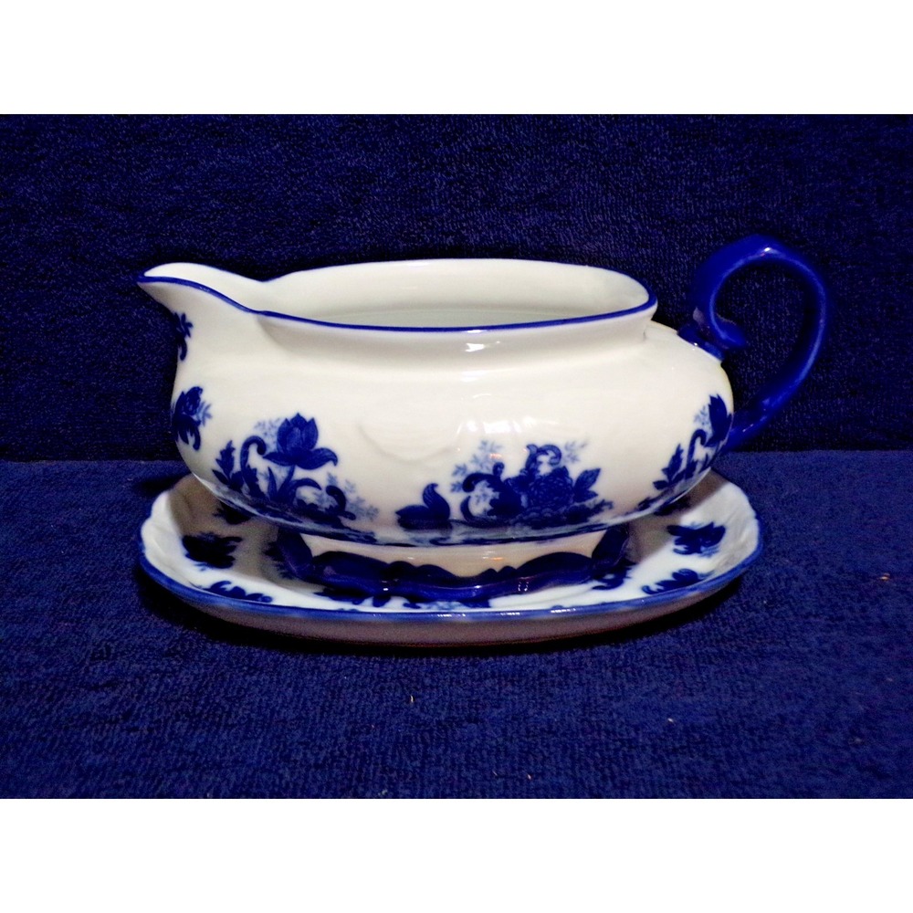 Vintage Johnson Bros. Flow Blue & White Gravy‎ Boat with Flow Blue Underplate
